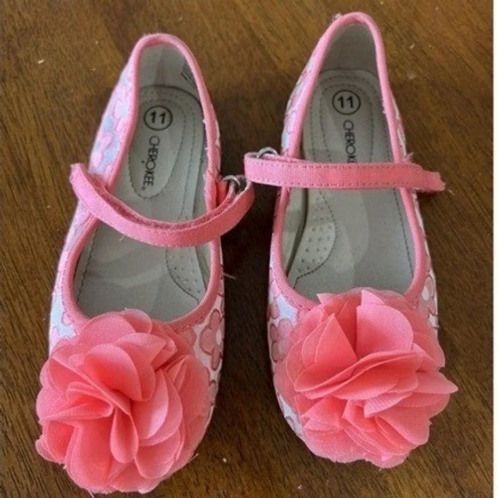 Cherokee Girls Coral Pink Floral Ballet Flat Shoes Flower‎ Detail Toddler 11